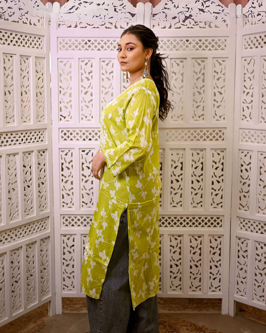 Gul - e - Sabz (Verdant Bloom) Green Printed Long Chikankari Kurti with Ghaspati Embroidery - Nooriyat