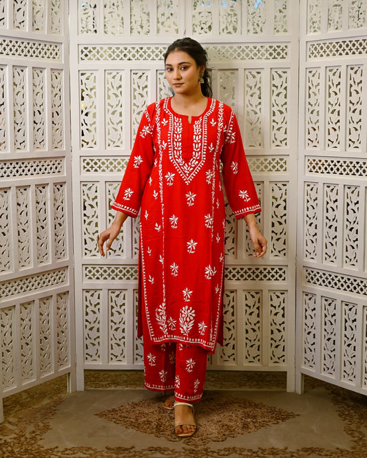 Gul - e - Surkh (Crimson Bloom) Red Rayon Kurta & Pant with Ghaspati Embroidery - Nooriyat