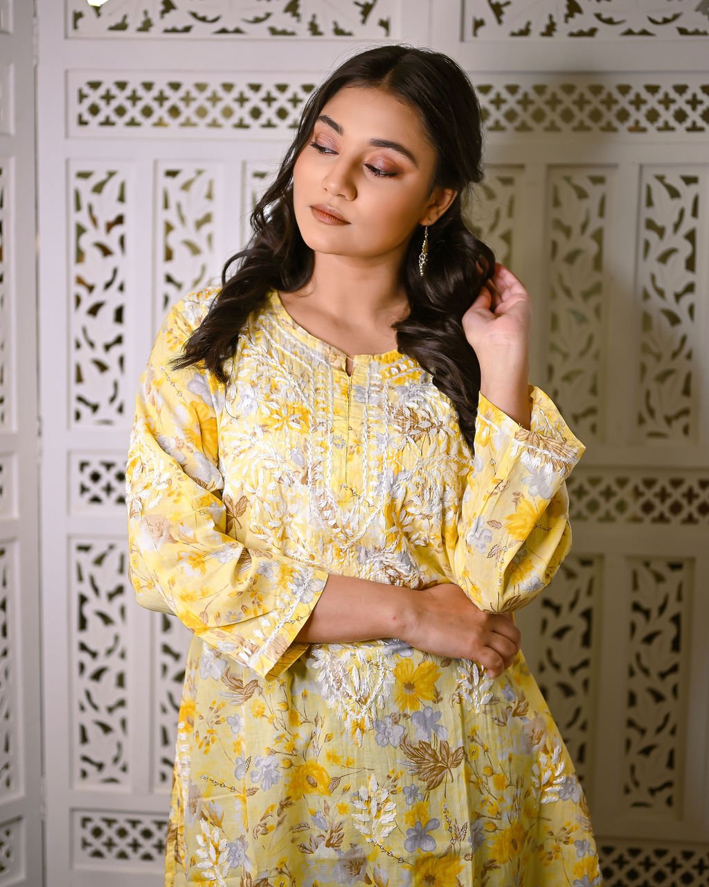 Gul - e - Zar (Golden Bloom) Yellow Printed Long Chikankari Kurti with Ghaspati Embroidery - Nooriyat