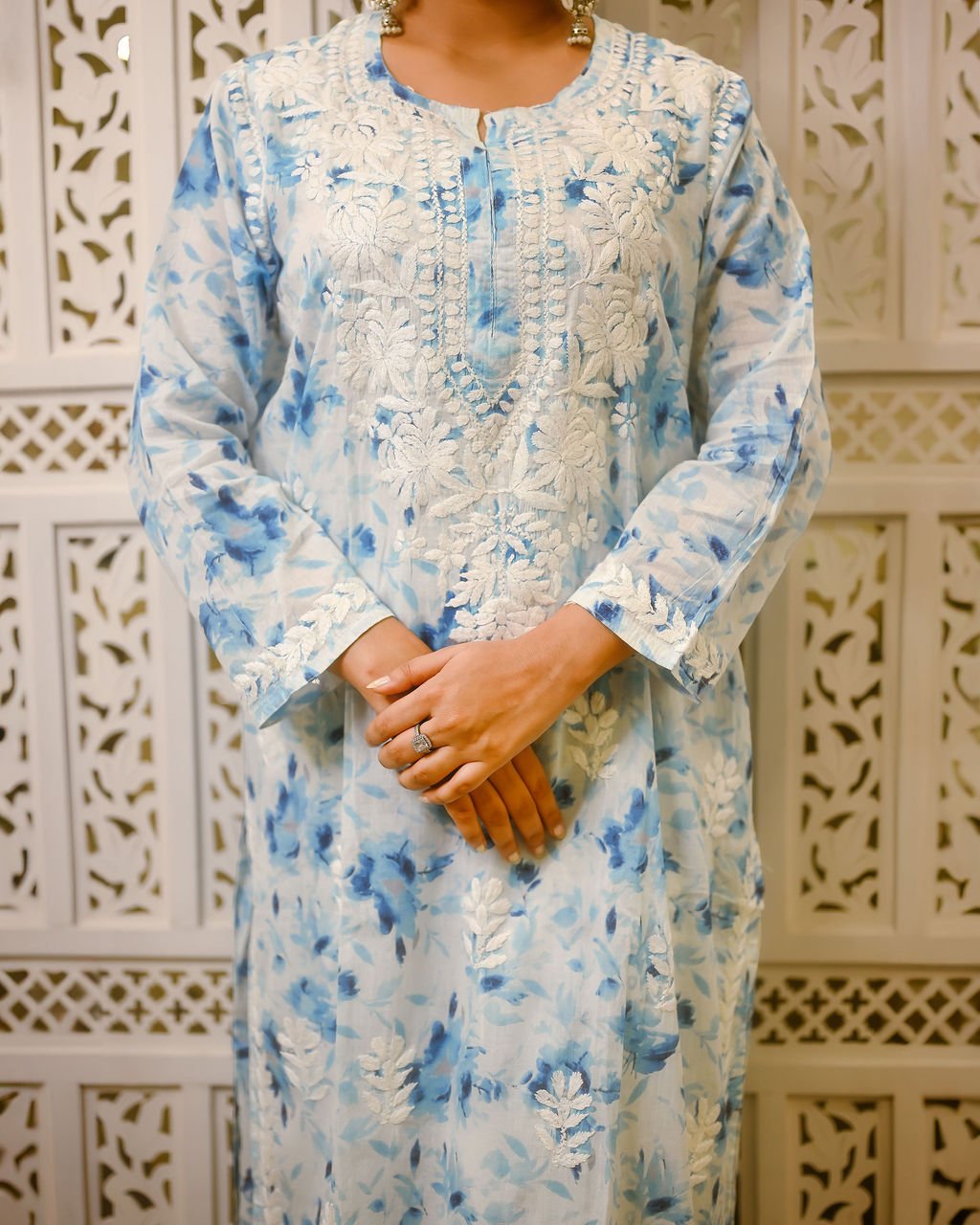 Gul - e - Aab (Bloom of Water) Light Blue Chikankari Kurta Set with Ghaspati Embroidery - Nooriyat