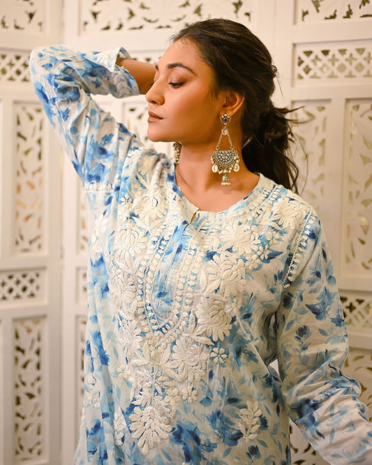 Gul - e - Aab (Bloom of Water) Light Blue Chikankari Kurta Set with Ghaspati Embroidery - Nooriyat