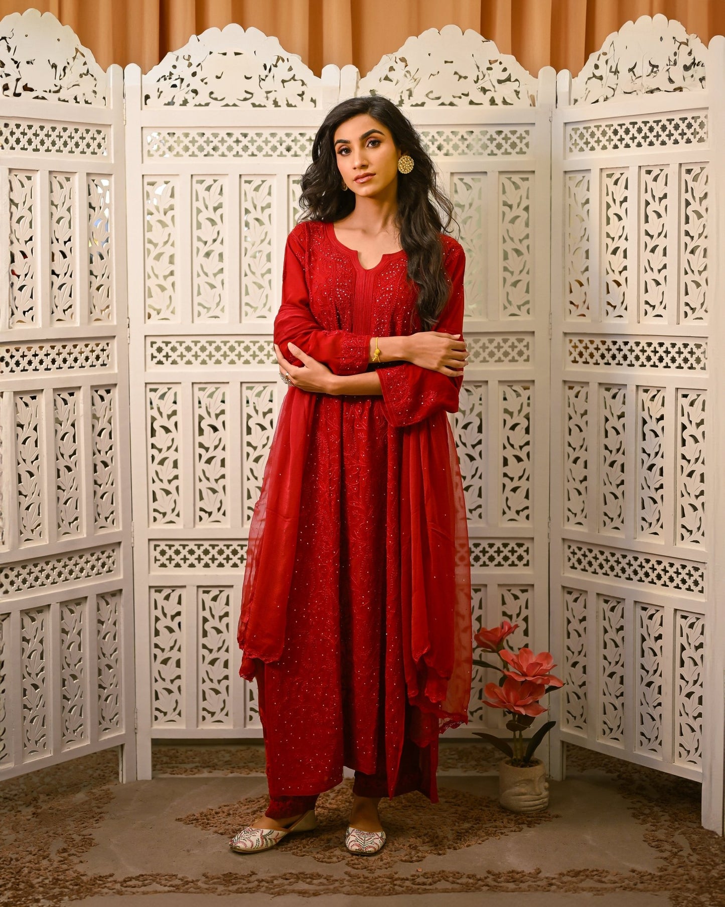 Gul - e - Aabroo (Radiant Grace) Red Georgette Kurta Set with Mukaish Jaali Work - Nooriyat