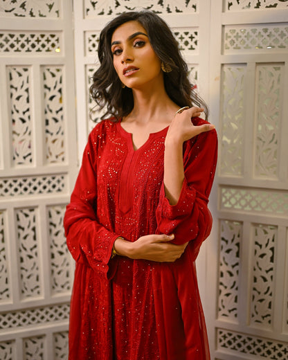Gul - e - Aabroo (Radiant Grace) Red Georgette Kurta Set with Mukaish Jaali Work - Nooriyat