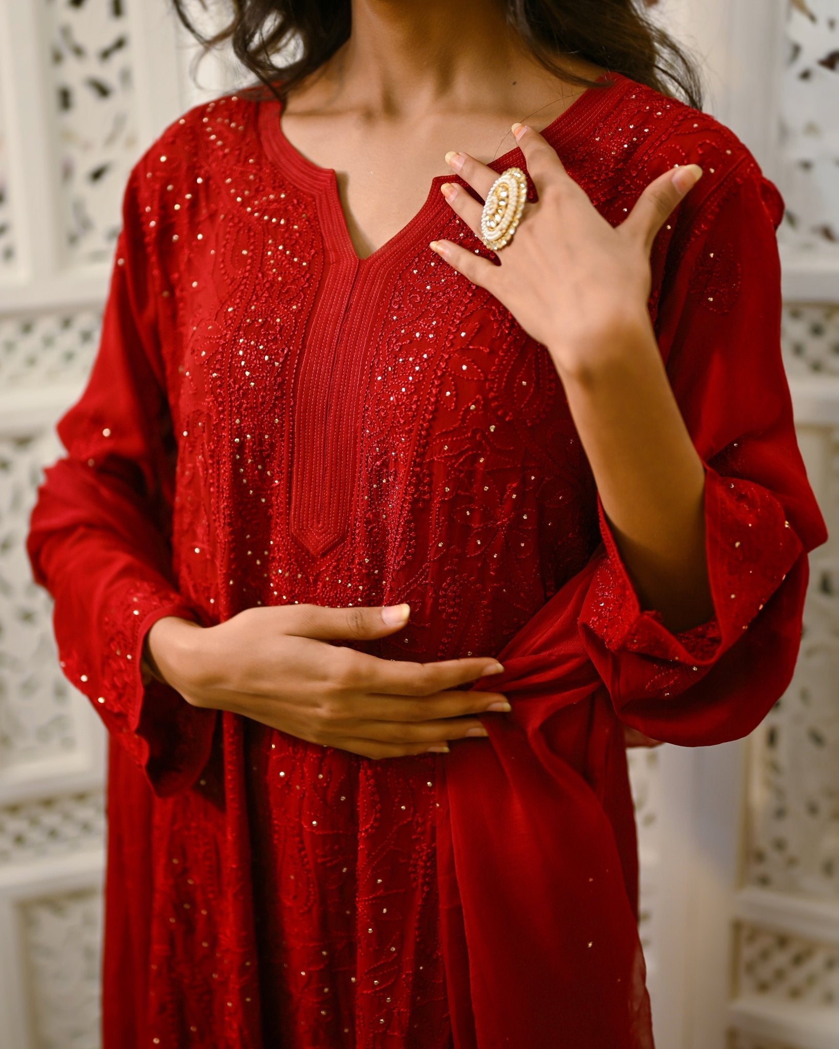 Gul - e - Aabroo (Radiant Grace) Red Georgette Kurta Set with Mukaish Jaali Work - Nooriyat