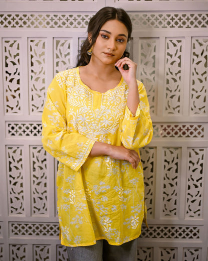 Gul - e - Aftab (Sunlit Bloom) Yellow Short Chikankari Kurti with Ghaspati Embroidery - Nooriyat