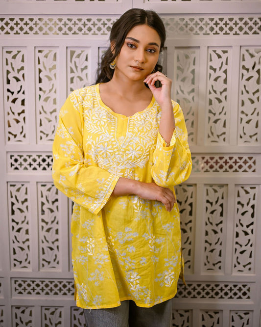 Gul - e - Aftab (Sunlit Bloom) Yellow Short Chikankari Kurti with Ghaspati Embroidery - Nooriyat