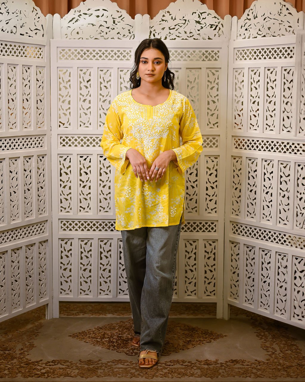 Gul - e - Aftab (Sunlit Bloom) Yellow Short Chikankari Kurti with Ghaspati Embroidery - Nooriyat
