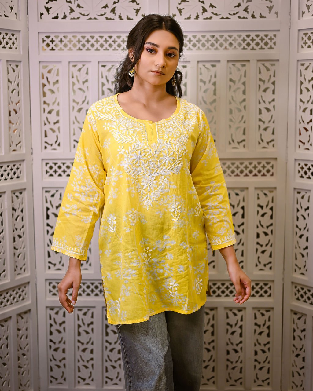 Gul - e - Aftab (Sunlit Bloom) Yellow Short Chikankari Kurti with Ghaspati Embroidery - Nooriyat