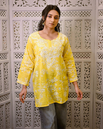 Gul - e - Aftab (Sunlit Bloom) Yellow Short Chikankari Kurti with Ghaspati Embroidery - Nooriyat