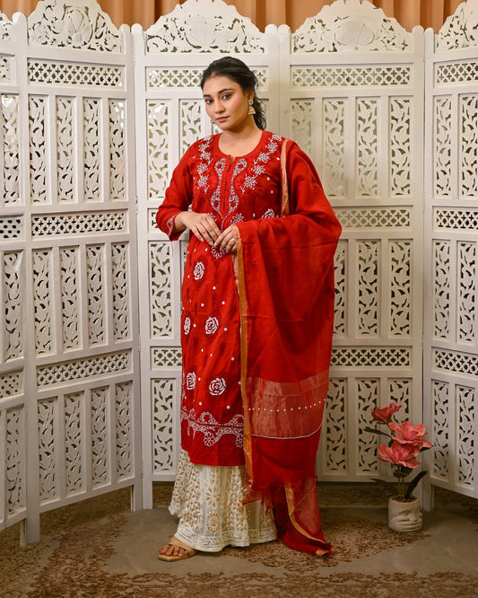 Gul - e - Laal (Scarlet Grace) Red Chanderi Chikankari Kurta & Dupatta with Moti (pearl) Work - Nooriyat