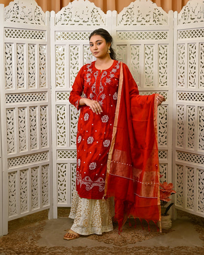 Gul - e - Laal (Scarlet Grace) Red Chanderi Chikankari Kurta & Dupatta with Moti (pearl) Work - Nooriyat