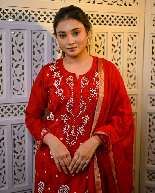 Gul - e - Laal (Scarlet Grace) Red Chanderi Chikankari Kurta & Dupatta with Moti (pearl) Work - Nooriyat