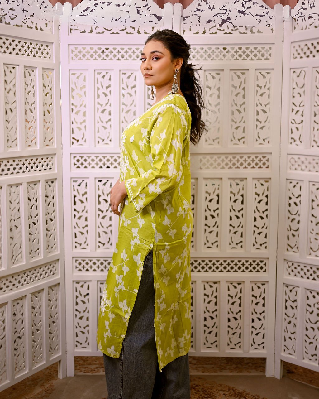 Gul - e - Sabz (Verdant Bloom) Green Printed Long Chikankari Kurti with Ghaspati Embroidery - Nooriyat