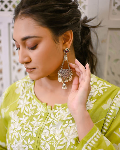 Gul - e - Sabz (Verdant Bloom) Green Printed Long Chikankari Kurti with Ghaspati Embroidery - Nooriyat