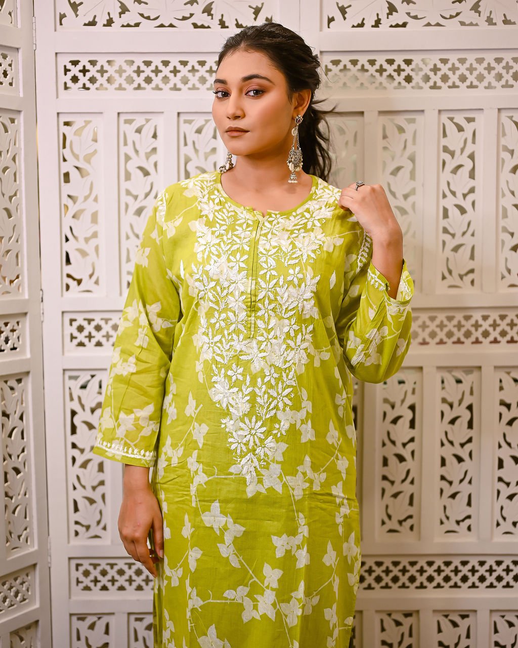 Gul - e - Sabz (Verdant Bloom) Green Printed Long Chikankari Kurti with Ghaspati Embroidery - Nooriyat