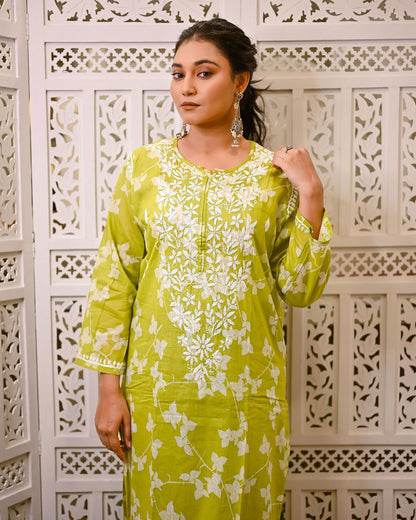 Gul - e - Sabz (Verdant Bloom) Green Printed Long Chikankari Kurti with Ghaspati Embroidery - Nooriyat