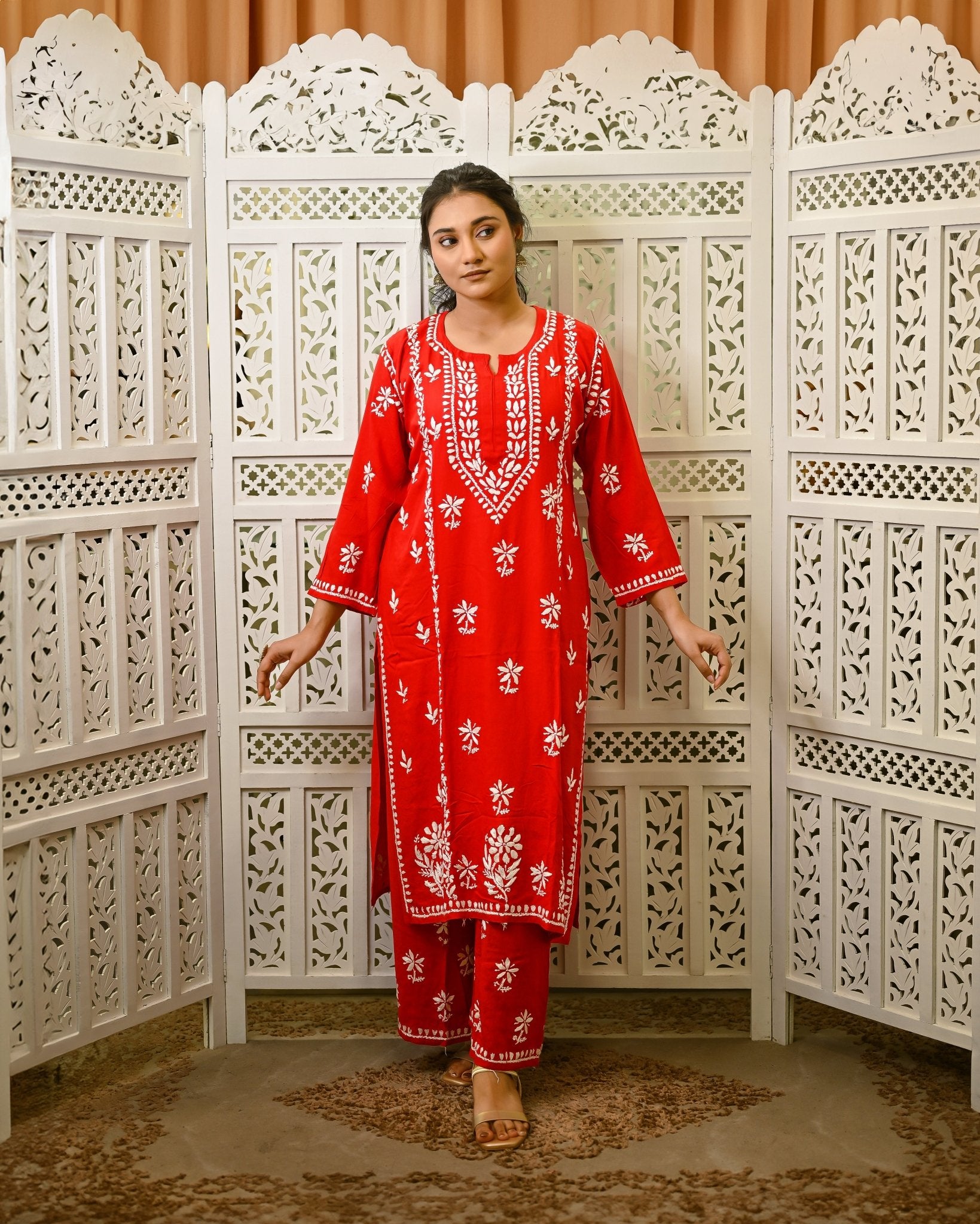 Gul - e - Surkh (Crimson Bloom) Red Rayon Kurta & Pant with Ghaspati Embroidery - Nooriyat