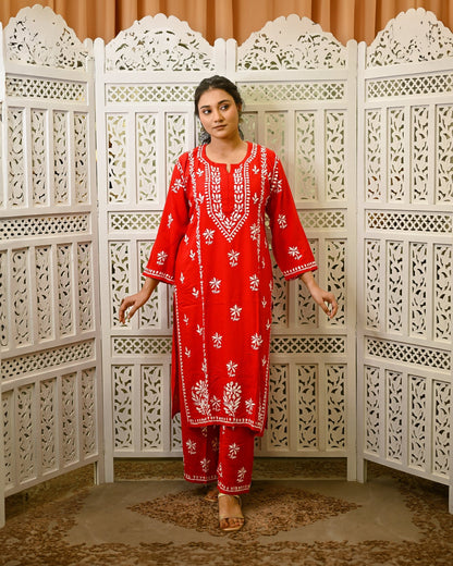 Gul - e - Surkh (Crimson Bloom) Red Rayon Kurta & Pant with Ghaspati Embroidery - Nooriyat