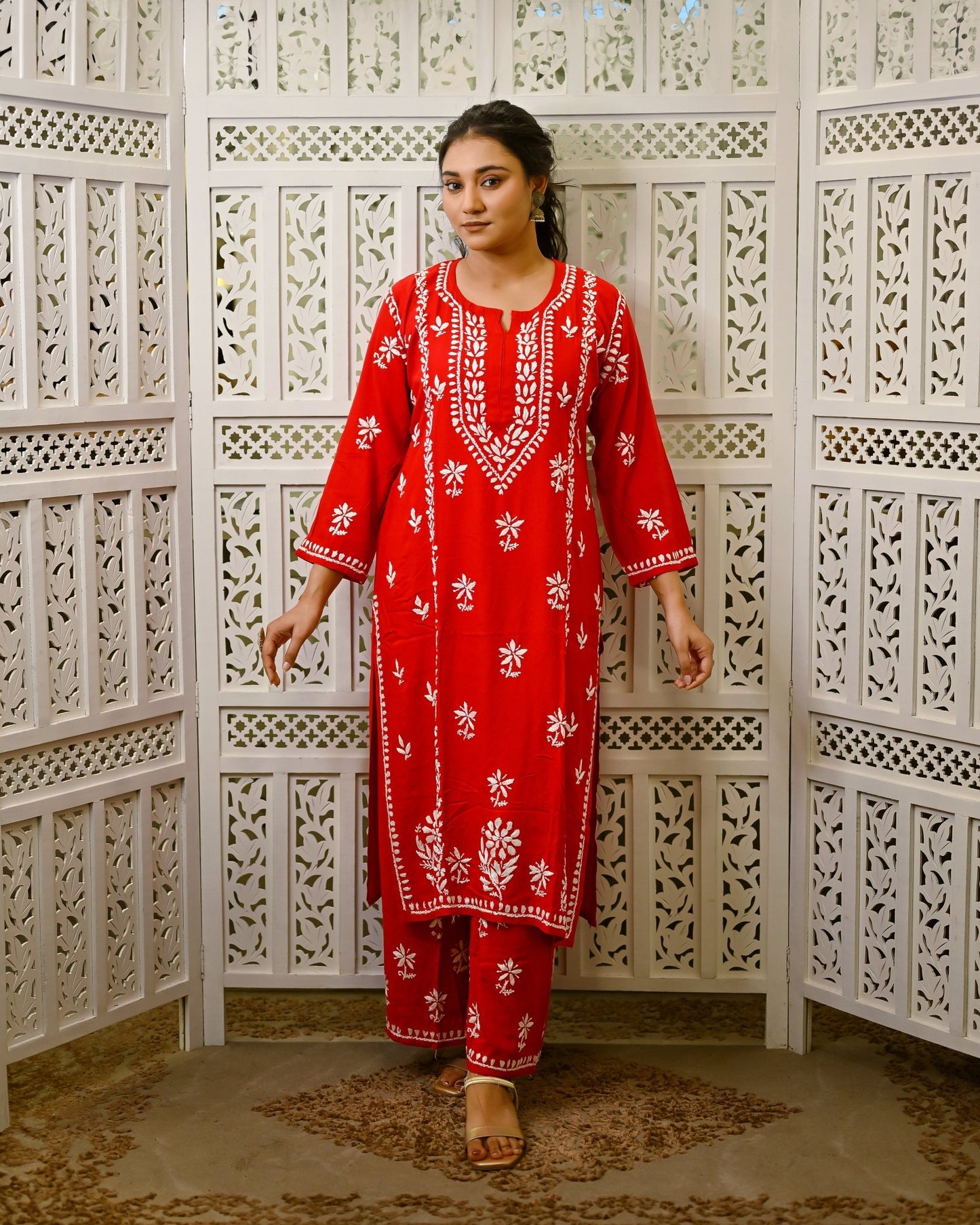 Gul - e - Surkh (Crimson Bloom) Red Rayon Kurta & Pant with Ghaspati Embroidery - Nooriyat