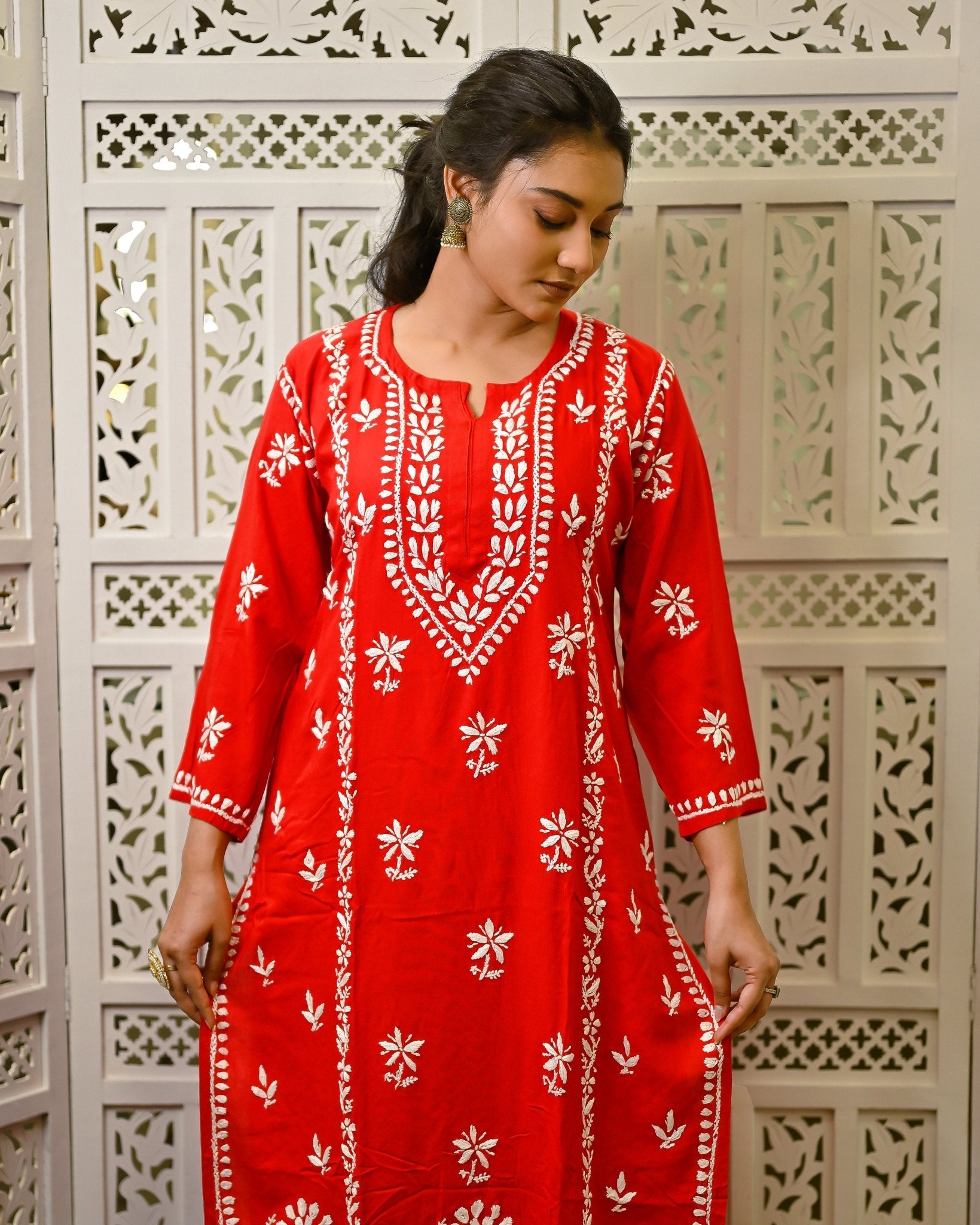 Gul - e - Surkh (Crimson Bloom) Red Rayon Kurta & Pant with Ghaspati Embroidery - Nooriyat