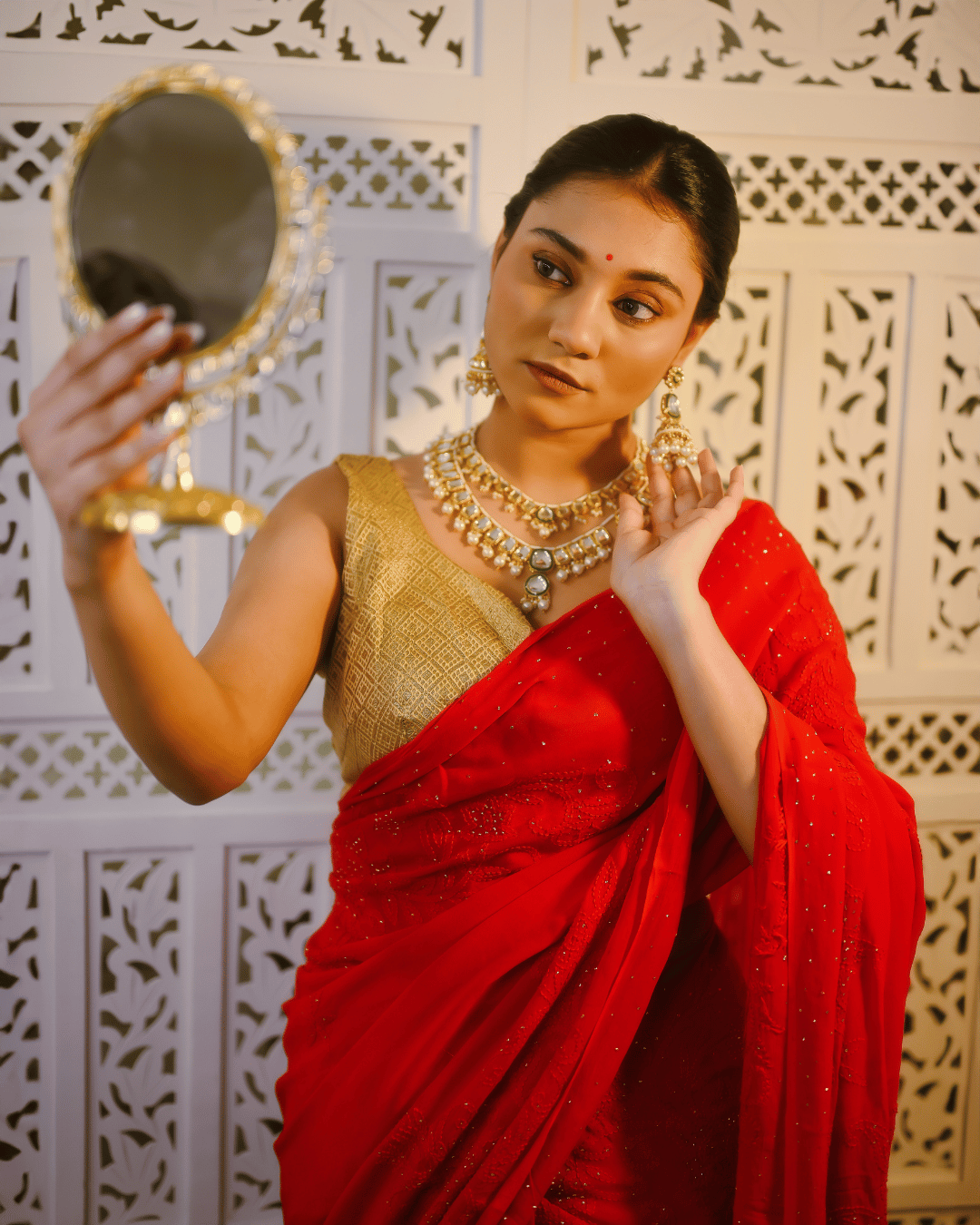 Noor - e - Nooriyat Hot Red Pure Georgette Saree with Kamdani (Mukaish) Work - Nooriyat