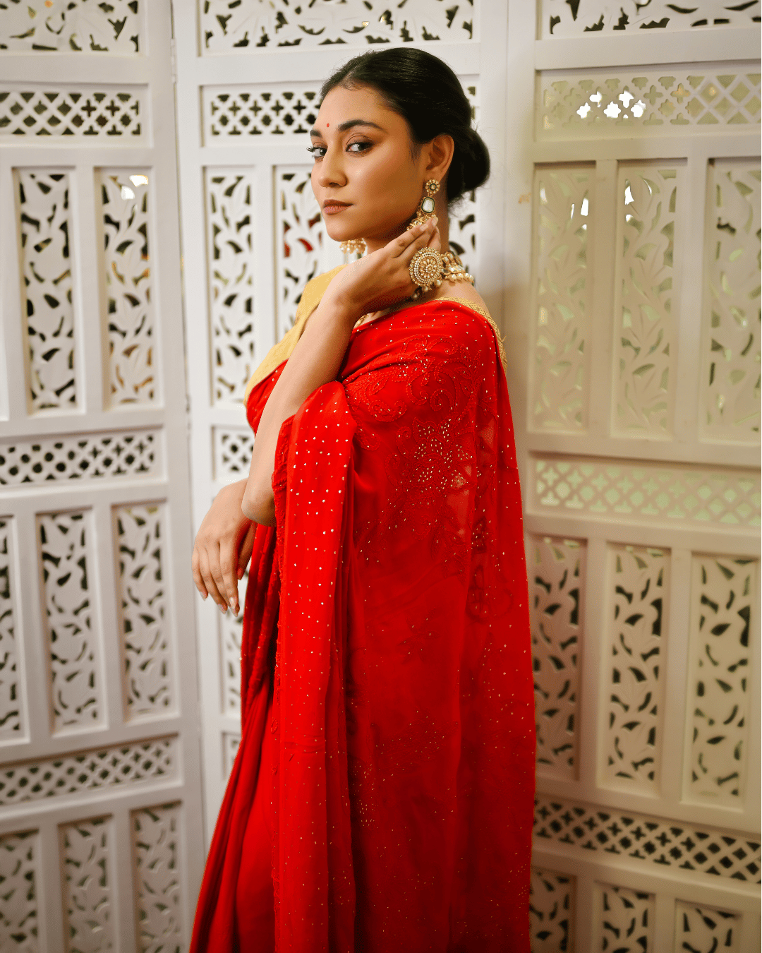 Noor - e - Nooriyat Hot Red Pure Georgette Saree with Kamdani (Mukaish) Work - Nooriyat