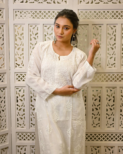 Safed Noor (Pure Grace) White Modal Kurta Pant Set with Ghaspatti Embroidery - Nooriyat